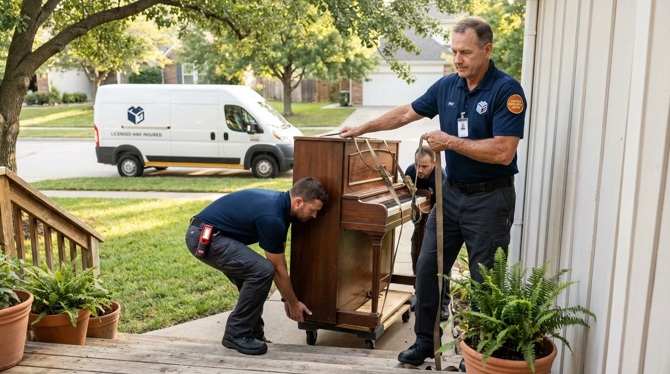 Licensed piano movers securing grand piano in Gwinn, MI