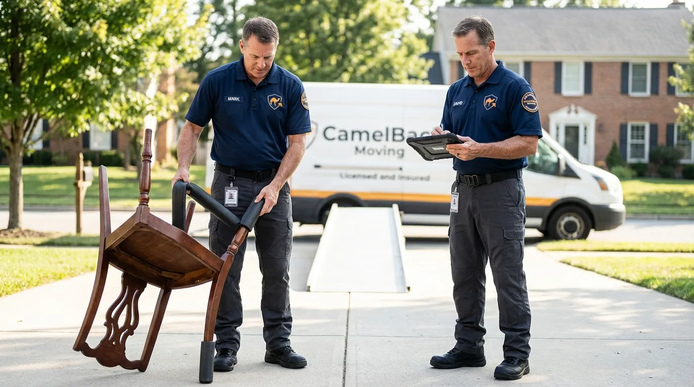 Movers inspecting furniture for damage prevention before loading in Gwinn, MI